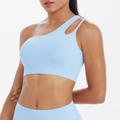 Detail showing the light blue one-shoulder yoga bra with asymmetrical hollow-out strap - S / Tops / Sky Blue Style (7114)