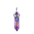 Purple hexagonal crystal column pendant necklace with silver clasp and seven chakra stones - Chakra Cap Hexagonal Column / Purple Crystal