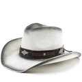 Retro white western cowboy hat with brown leather band and bohemian metal ornaments - M (56-58cm) / White Black Painted