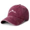 Deep red washed cotton baseball cap with white mountain embroidery in a vintage style - Adjustable Free Size / Washed Wine Red