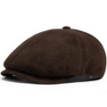 Classic dark brown suede newsboy cap featuring an eight-panel design and top button detail - Adjustable / Coffee