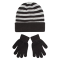 Detail of kids striped knit beanie and gloves set with ribbed cuffs and elastic fabric - M / Five-finger Gloves Style / Black Grey Stripe