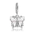 Detailed macro view of butterfly charm with clear crystals on silver plating - White