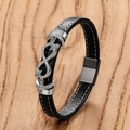 Men's black leather infinity bracelet with silver buckle and blue stones on wooden background - Silver