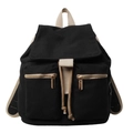 Mochila minimalista de lona negra con correas de contraste beige y bolsillos con cremallera - Negro