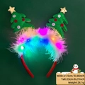 LED Christmas tree headband with red band, white feathers, and green tree decoration - Christmas Tree and Star Style