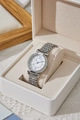 Close-up of elegant silver women's watch with diamonds in a velvet jewelry box - Silver
