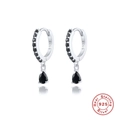 Detailed macro view of S925 sterling silver earrings with black teardrop crystal charms - Platinum-Black Zirconia