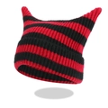 Red and black striped knitted cat ear beanie hat with a punk style minimalist design - One Size / Red Black