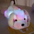 Rainbow LED plush dog toy glowing on a book in a cozy and warm indoor setting - Rainbow Dog