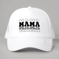 Detailed close-up of white trucker hat with four artistic MAMA text styles and mesh back - One Size / White