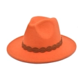 Detail of orange wool fedora hat featuring a brown braided leather band on white background - M (56-58cm) / Orange