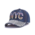 Denim baseball cap featuring a colorful rhinestone NYC design and silver studded brim - NYC Letters Gradient Rhinestone (Dark Blue)