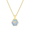 18K gold plated stainless steel hexagon necklace with shell inlay and letter Y - Blue Shell Y