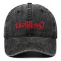 Distressed cotton baseball cap with red Lostmyhead embroidery in washed black - Black