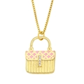 Golden handbag pendant necklace with pink enamel checks and small white diamonds - Pink