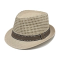 Beige straw fedora hat with breathable hollow weave and striped band for summer - M / Khaki (Mesh Webbing)
