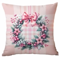 Detail von rosa Weihnachts-Kissenbezug mit Kranz, Schleife und Beeren auf Karomuster - Winterkranz / Klassisches Karo