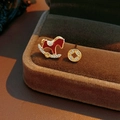 18k gold plated pony earrings with red enamel and cubic zirconia in a jewelry box - Silver Earring Post-Gold-Red