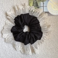 Detail of elegant black fabric scrunchie with white lace embroidery and floral texture - Black With White Lace