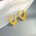 Chic gold plated V-shaped water drop hoop earrings with textured hammer finish surface - Hammered Texture V-shaped Waterdrop Style (EH357)