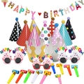 Birthday party set with colorful banner, hats, crowns, glasses and whistles on white - Mustache Banner + Hats + 10 Blowouts + 3 Glasses Set