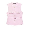 Rosa Tweed-Weste für Damen mit goldenen Knöpfen und Taillengürtel in strukturiertem Design - XS / Rosa