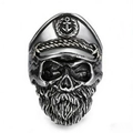 Punk vintage stainless steel ring featuring a detailed bearded skull with a navy anchor hat - Vintage Silver Bearded Captain Skull Style