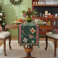 Dark green Christmas table runner with festive gift box patterns and red tassels - Green Five Stars + Green Tassel (Hand Wash Only)
