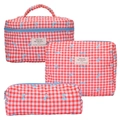 Set van 3 gewatteerde make-uptassen met rood gingham en blauwe strikpatronen - Rode Ruit Met Blauwe Rits / Groot Formaat 25*16*16cm