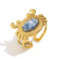 Kreativer 18K vergoldeter Edelstahl-Krabbring mit blauem Stein und Muschel-Detail-Einlage - Krabbe Emaille Muschel Offener Ring (Gold-Blau)