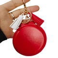 Porte-clés miroir de maquillage pliant en similicuir rouge avec pompon doré - Rouge avec pompons