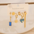 Detail view of 6-piece stainless steel earring set featuring blue charms and gold studs - Blue Heart Flower Tassel 6-Piece Set (7#)