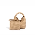 Beige gewebte Leder-Eimertasche und Beutel-Set mit Tragegriff im minimalistischen Stil - Aprikose