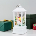 White Christmas lantern with snowman painting and metal ring for festive table decor - White Snowman
