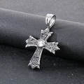 Close-up of gothic silver cross pendant with vintage relief pattern and clear gemstone - Steel Color Vintage Cross Pendant (KP120354-KJX)