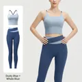 Hochdehnbares Yoga-Set mit seeblauem Oberteil und walblauer High-Waist-Leggings für Damen - S / Oberteil Und Unterteil / Seeblau + Walblau