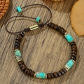 Vintage wood and turquoise beaded bracelet with adjustable woven cord for men and women - ZJ15000-Dark Brown Wood Turquoise Square Gold Spacer Bracelet