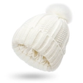 White knit beanie with fluffy pom-pom featuring a protective silk-like satin lining inside - White