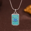 Silver tarot square pendant necklace with blue enamel heart and star moon patterns - Silver (X6074SY)