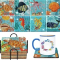 8-piece ocean life diamond painting coasters set with storage holder and sea motifs - XIN007 Sea Creatures / No Stand/OPP Bag