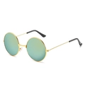 Detail of round gold metal sunglasses with green gradient lenses on white background - Gold Frame Gold Mirror