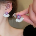 Vintage fan-shaped earrings with purple crystal and white pleated resin on model - 5# Purple Round Pleated Style