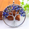 Silver tree of life pendant with blue and grey natural crystal stones on wire - Silver Scattered Root Lapis Lazuli