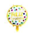 Detail of 18-inch white Feliz Cumpleaños foil balloon with colorful polka dots and gold trim - Yellow Polka Dot Spanish Birthday Round