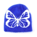 Dark blue plush knit beanie with large white butterfly pattern for winter warmth - L(58-62cm) / Sapphire Blue