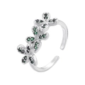 Macro detail of silver floral ring with green petals and adjustable open band design - Platinum Green Zirconia