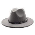 Close-up of grey wool fedora hat with black woven belt and silver metal buckle detail - M (56-58cm) / Light Gray