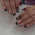 Unghie finte lunghe a trapezio con french tips nere, fiocchi 3D e dettagli di cuori strass - Stile Cuore Fiocco 3D French Nero (BW167)