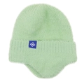 Detail of light green plush knit earflap hat with fluffy texture and snowflake patch - Mint Green